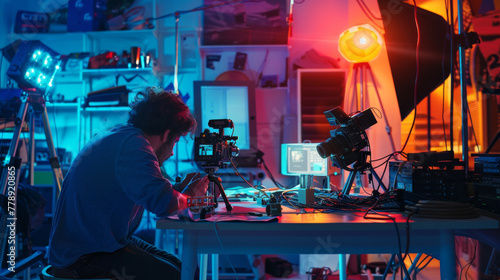 High-detail depiction of a content creator filming an engaging product review for a YouTube channel surrounded by professional lighting and recording equipment