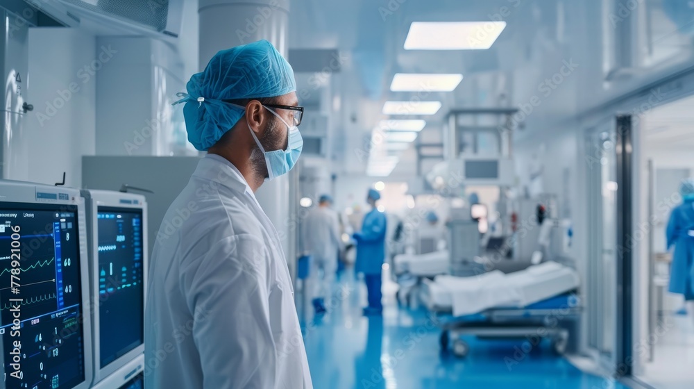 Realistic portrayal of a healthcare professional in a state-of-the-art medical facility focusing on advanced medical equipment and technology Realistic portrayal of a healthcare professional in a state-of-the-art medical facility focusing on advanced medical equipment and technology