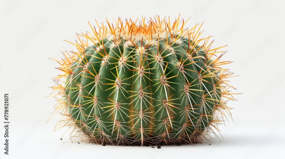 A green cactus with yellow needles on its head and a white wall in the background A green cactus with yellow needles on its head and a white wall in the background