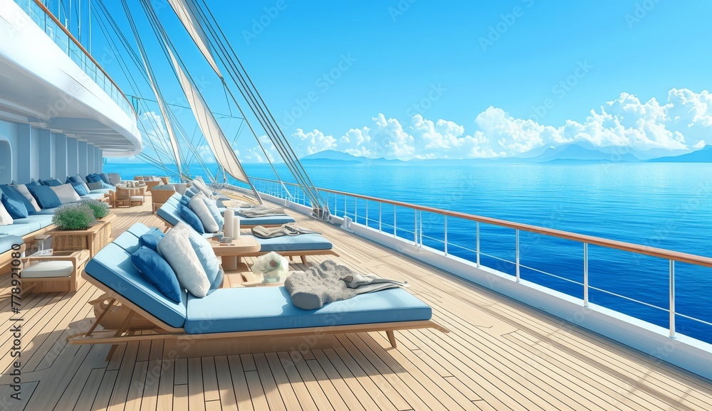 A luxury cruise ship deck with lounge chairs and a blue sky. 