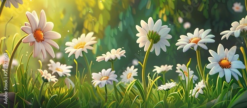 A beautiful display of daisies, a type of flowering plant, can be seen growing in the grass. These natural landscape decorations add a touch of art to the terrestrial plant and groundcover