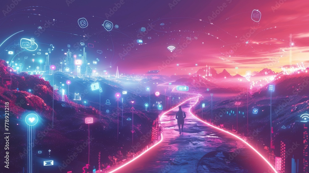 Stylized illustration of a whimsical digital landscape populated by icons representing various social media platforms with digital marketers navigating this landscape on light beams