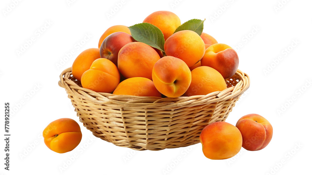 Ripe apricots in a basket isolated on transparent background.