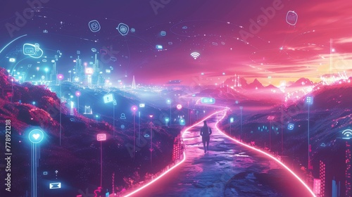 Stylized illustration of a whimsical digital landscape populated by icons representing various social media platforms with digital marketers navigating this landscape on light beams