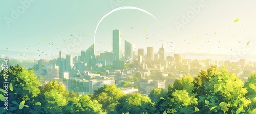 A minimalist illustration of an urban skyline made from green leaf shapes, with buildings and skyscrapers composed of various shades of forest 
