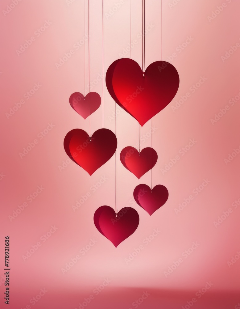 Romantic red hearts hanging against a soft pink backdrop, perfect for themes of love, Valentine's Day, or relationship celebrations