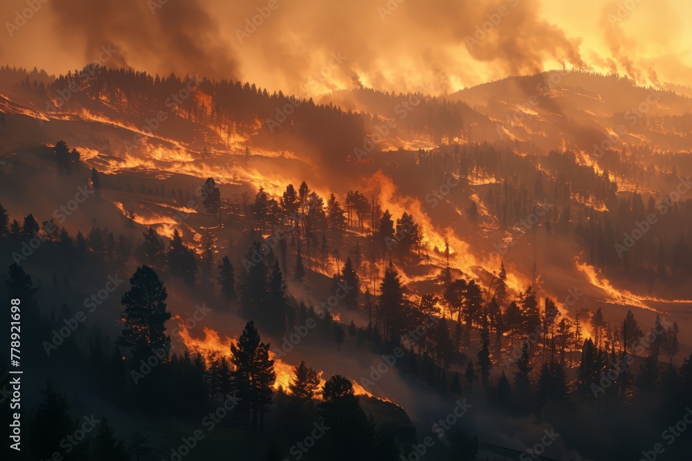 A panoramic view of the Black Forest engulfed in flames, with trees and vegetation burning on rolling hills under dark smokefilled skies. 