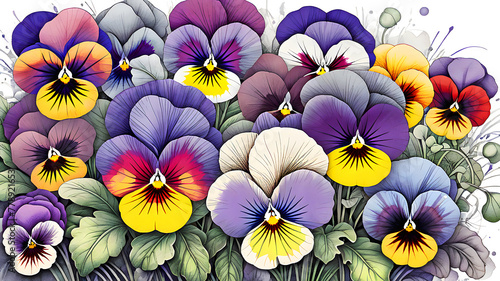 bright colorful pansies background. pansy flowers painted with watercolors photo