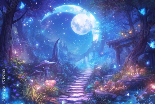 A path leading to the moon in an enchanted garden with mushrooms, flowers and butterflies.  © Photo And Art Panda