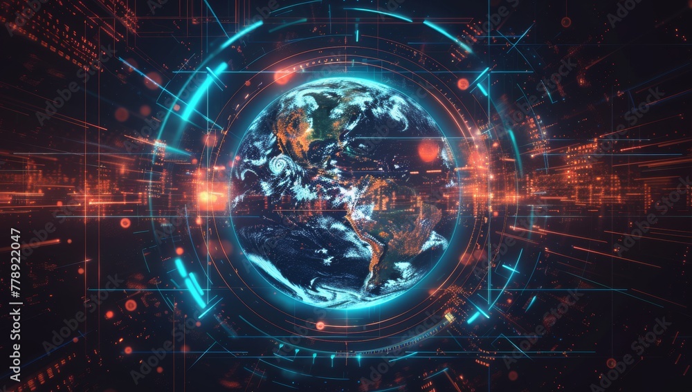 Obraz premium Planet Earth and Holographic Interface, Digital Orbits