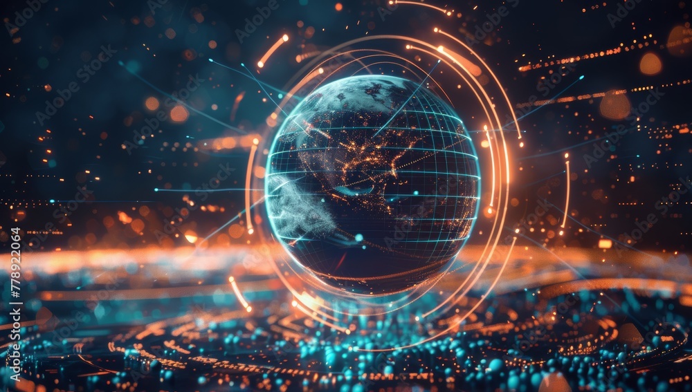 Obraz premium Planet Earth and Holographic Interface, Digital Orbits