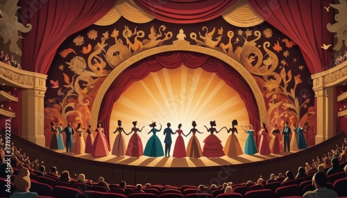 Artistic representation of a grand theater with performers taking a curtain call on stage, audience applauding in the foreground photo
