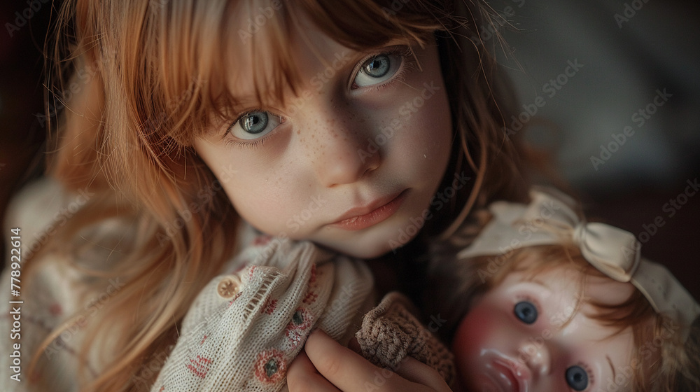 Little girl feeling sad with doll in arms, studio environment, muted lighting, close focus, tender scene Little girl feeling sad with doll in arms, studio environment, muted lighting, close focus, tender scene