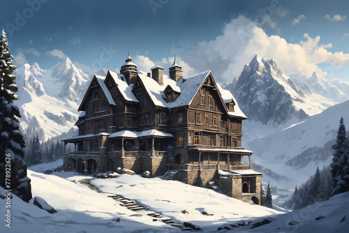 Snow covered old gloomy dark mansion hidden in the alpine mountains