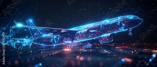 smart digital airplane , artificial intelligence in aviation technology. flight navigation, safety protocols, and fuel efficiency. air travel.