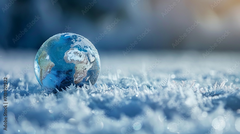 Globe enveloped in freeze, a cold embrace ,3DCG,clean sharp focus Globe enveloped in freeze, a cold embrace ,3DCG,clean sharp focus
