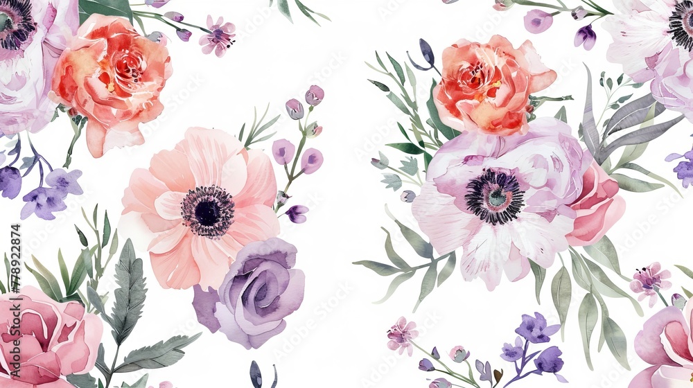 Seamless floral pattern with watercolor hand drawn summer flowers. Illustration. Natural artwork.