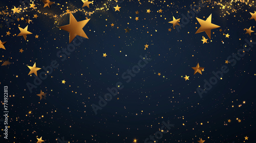 Vector art background of shimmering golden stars scattered across a deep navy coloured sky, an elegant design for celebrations or premium branding