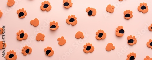 Peach paw prints on a background, minimalist backdrop pattern with copy space for design or photo, animal pet cute surface 
