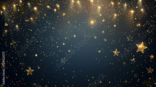 Vector art background of shimmering golden stars scattered across a deep navy coloured sky, an elegant design for celebrations or premium branding