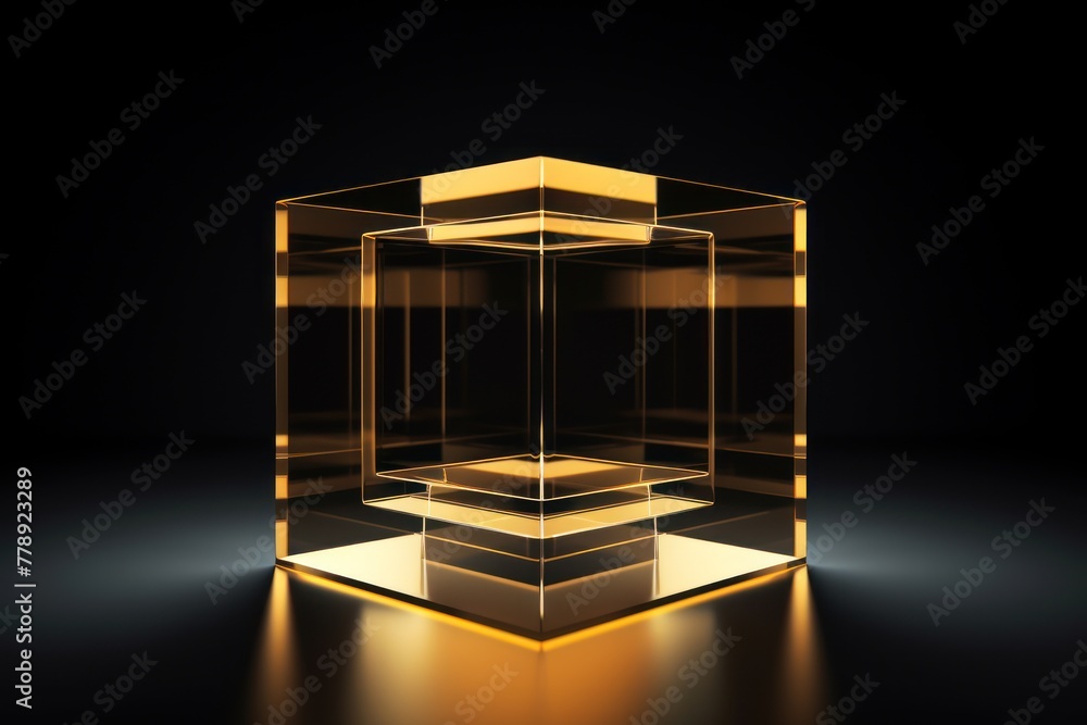 Gold glass cube abstract 3d render, on black background with copy space minimalism design for text or photo backdrop 