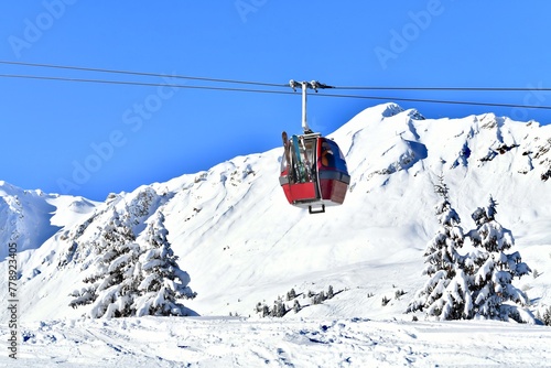 Vintage ski lift in Courchevel ski resort, French alps.