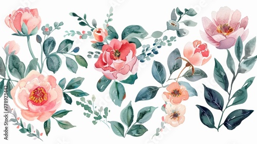 Watercolor illustration of garden flowers in a romantic mood. A collection of flowers, leaves, and leaves in candy shades.