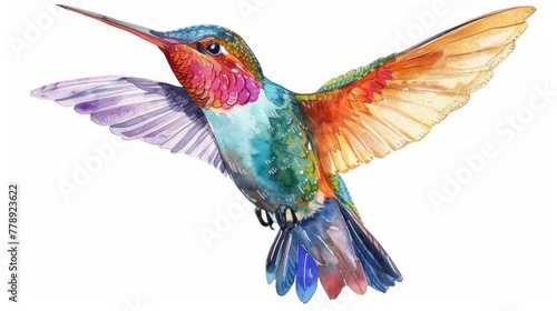 Illustration of a beautiful tropical bird, a hummingbird on an isolated white background done in watercolor © Mark