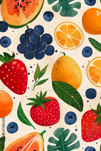 Vibrant Summer Fruits Pattern with Tropical Leaves Illustration