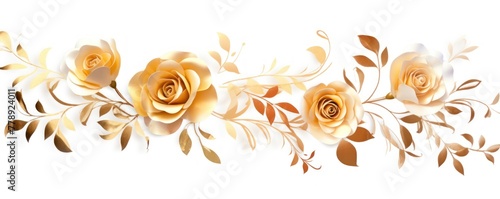 Gold roses watercolor clipart on white background  defined edges floral flower pattern background with copy space for design text or photo backdrop minimalistic