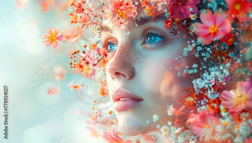 Abstract colorful floral double exposure portrait of beautiful woman with flowers and leaves
