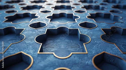 Islamic Geometry Surface. Deep Blue Elegant Pattern with Golden Lines. photo