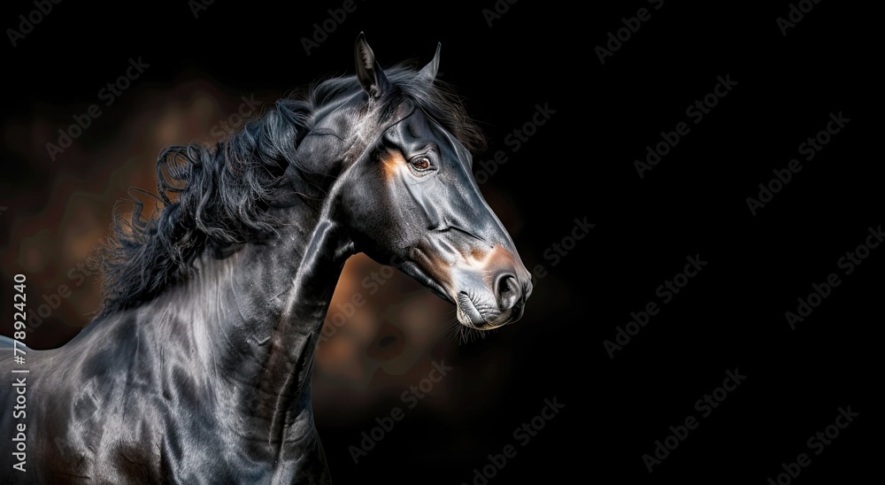 Black horse of the Haflinger breed, on a black background, studio photo