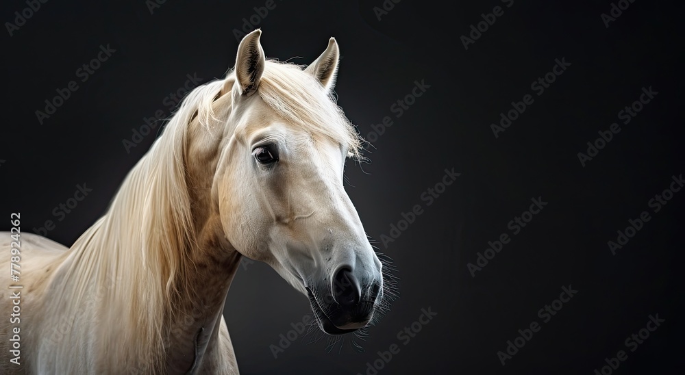 Studio portrait of a white horse of the Haflinger breed of a young steed on a black background, lamp lighting of a spotlight