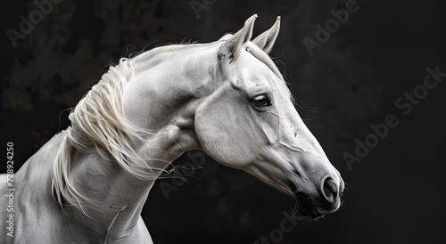 Studio portrait of a white horse of the Haflinger breed of a young steed on a black background, lamp lighting of a spotlight © Никита Филитов