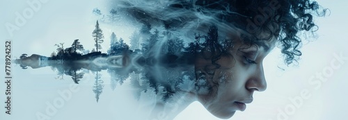 A conceptual double exposure of an island and the profile of a woman's head with trees