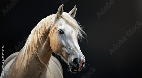 Studio portrait of a white horse of the Haflinger breed of a young steed on a black background, lamp lighting of a spotlight © Никита Филитов