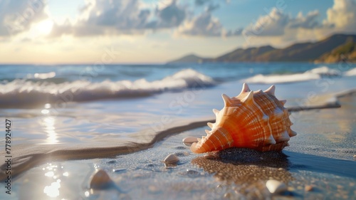 Conch shell on sand with waves