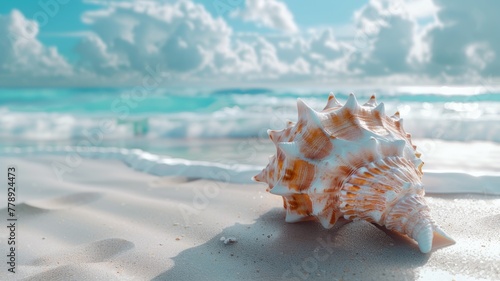 Conch shell on sand with waves