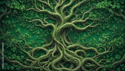 A vivid representation of intertwining tree roots and branches forming a mystical pattern, evoking themes of growth and interconnection within nature. photo