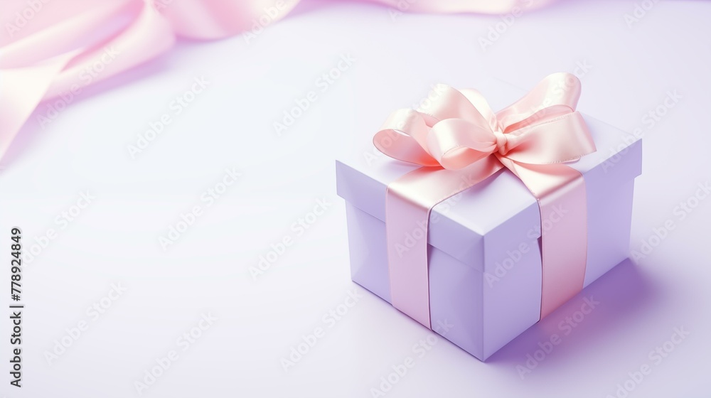 Gift box with pink ribbon and pink ribbon on white background, season, birthday