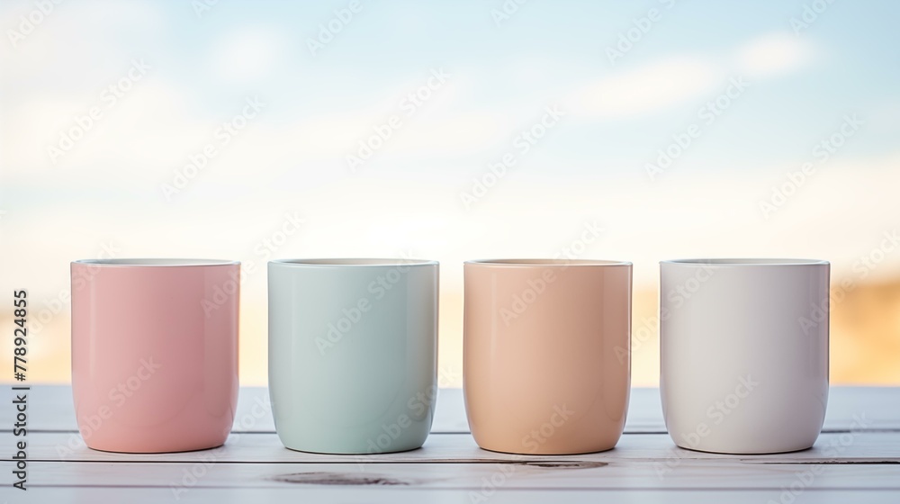 Four colorful cups on wooden table, blue, drink, single object, space, empty Four colorful cups on wooden table, blue, drink, single object, space, empty