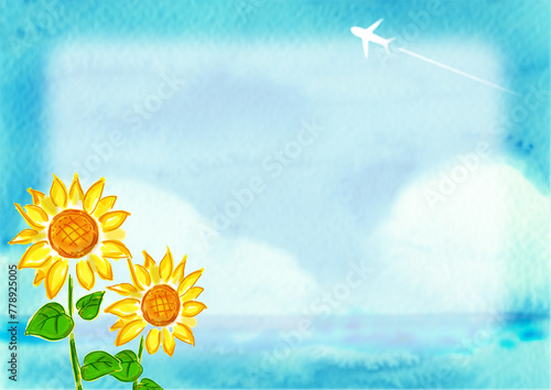 向日葵と飛行機雲のある夏っぽい水色の余白のある背景素材