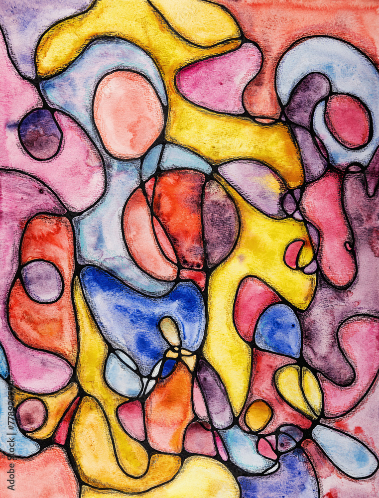 Obraz premium Colorful neurographic forms and shapes. The dabbing technique near the edges gives a soft focus effect due to the altered surface roughness of the paper.