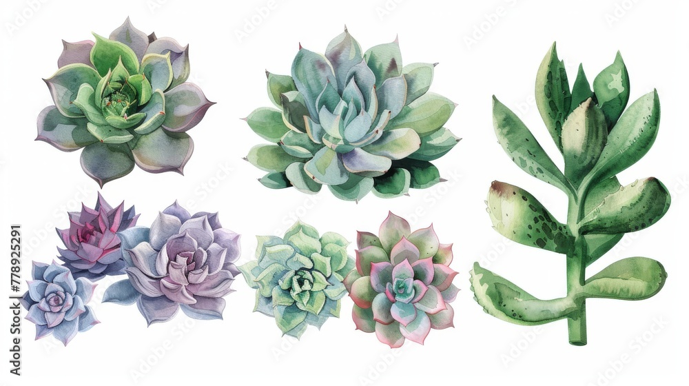 Succulent watercolor set. Hand-drawn raster illustration