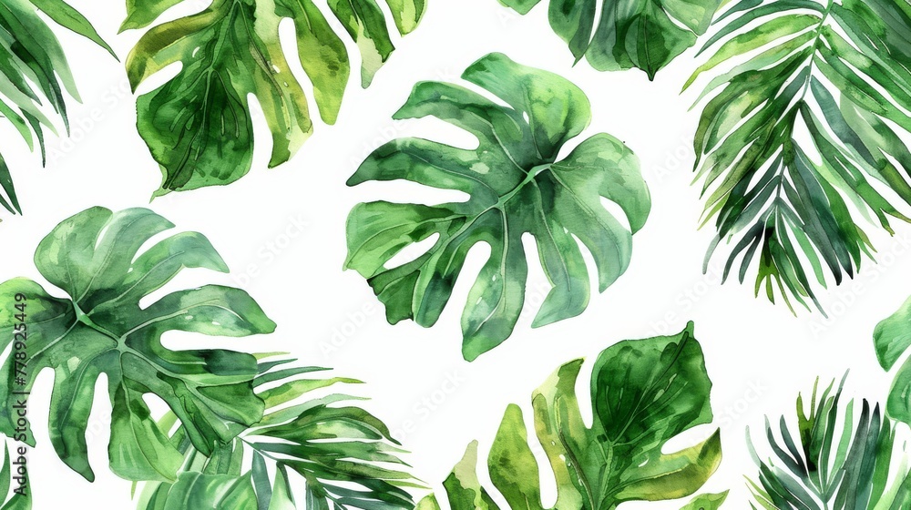 This seamless pattern features watercolor tropical leaves
