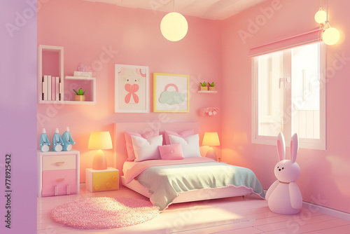 Modern cute room  isometric 3D rendering  playful design  pastel tones  well-lit  crisp details