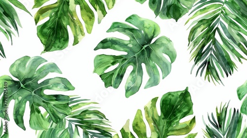 This seamless pattern features watercolor tropical leaves