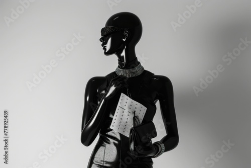 Vintage fashion mannequin in elegant dress holding blank paper in black and white photo