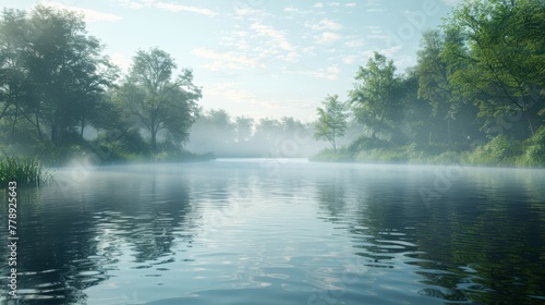  A pond, enveloped by woods and bathed in sunlight, with a misty haze shrouding its surface at midday